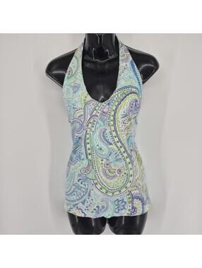 Liz Claiborne Paisley Halter Top Blouse Blue Green Built In Bra Women's Size XL